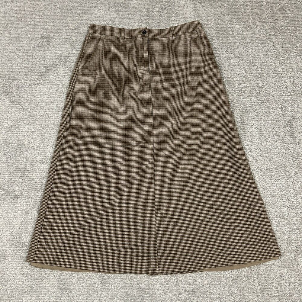 LL Bean Maxi Skirt Womens 8 Brown Houndstooth Brown Long Modest Pockets Vintage